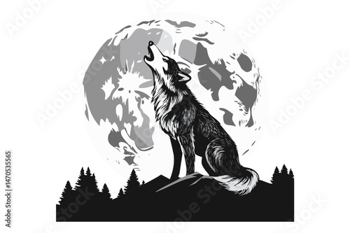 Black and white wolf standing on a stone in the night forest howling at the full moon