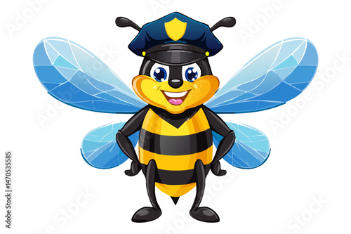 European honey bee (Apis mellifera), Capitan bee with police hat, Cute flying honeybee officer character, bee in a policeman's cap