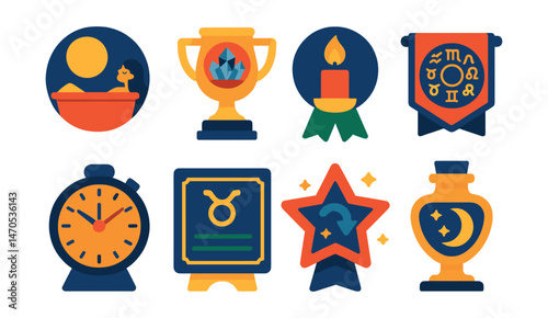 Flat vector icons of astro-rituals and magic: full moon bath badge, crystal grid by sign trophy, candle for the element medal, zodiac altar ribbon, planetary hour clock icon, sign-based mantra card
