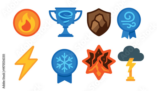 Flat vector icons of elemental magic: fireball badge, water vortex trophy, earth rock shield medal, wind swirl ribbon, lightning bolt icon, ice crystal sigil badge, lava surge star, storm cloud wand