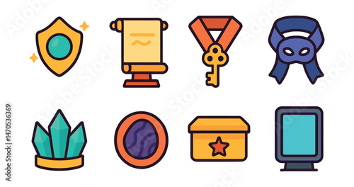 Flat vector icons of mystical artifacts: glowing talisman badge, scroll of secrets trophy, ancient key medal, veil of illusion ribbon, crystal crown icon, whisper stone badge, sacred relic box star,