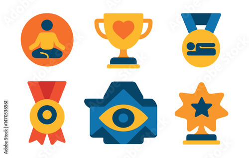 Flat vector icons of types of meditation: mindfulness icon badge, loving-kindness practice trophy, body scan focus medal, mantra repetition ribbon, vipassana eye symbol icon, zen stillness badge,