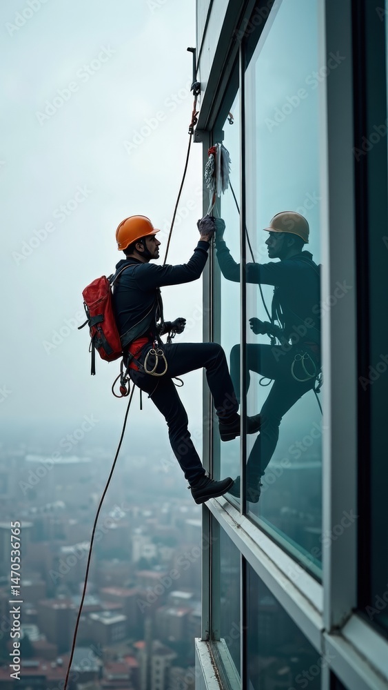 A man in a helmet cleans a skyscraper window while secured by a safety rope, demonstrating the high-risk job of window cleaning at great heights.