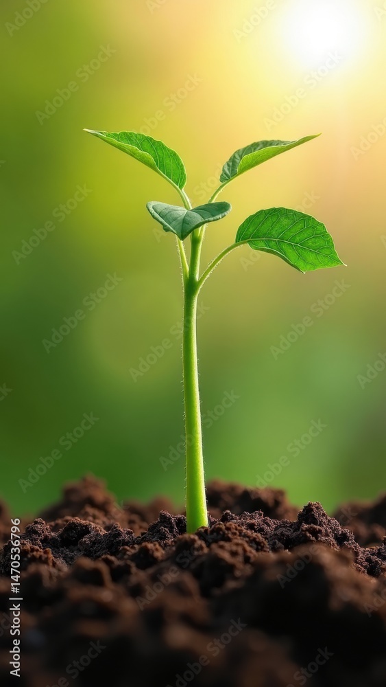 Green bean sprout breaks through moist soil, reaching for sunlight, highlighting vigorous growth and freshness in a natural outdoor setting.