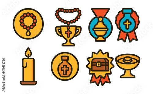 Flat vector icons of religious objects: prayer beads badge, rosary with cross trophy, incense burner medal, holy water flask ribbon, altar candle icon, anointing oil bottle badge, sacred relic chest