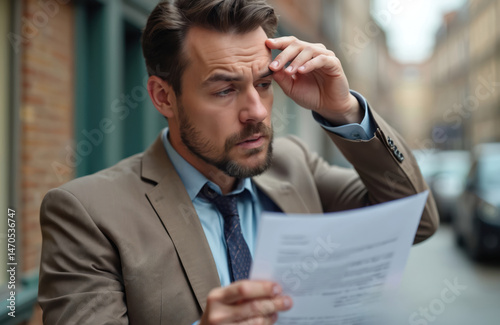 Shocked man reads court letter outdoors. Upset businessman got notice about increased mortgage payments. Financial troubles, debt problems, arrears, penalty, fine, bad news, bankruptcy.