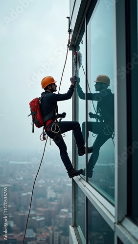 Obraz na płótnie A man in a helmet cleans a skyscraper window while secured by a safety rope, demonstrating the high-risk job of window cleaning at great heights. w salonie