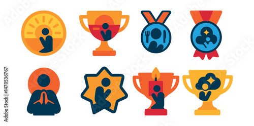 Flat vector icons of prayer moments: morning prayer sun badge, sunset devotion trophy, night prayer moon medal, pre-meal blessing ribbon, post-worship silence icon, candlelit prayer time badge,