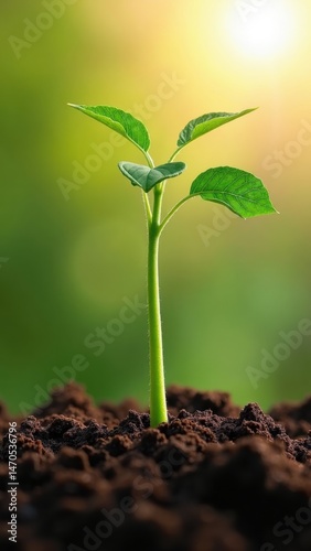 Obraz na płótnie Green bean sprout breaks through moist soil, reaching for sunlight, highlighting vigorous growth and freshness in a natural outdoor setting. w salonie