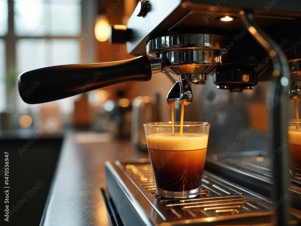 Espresso is being crafted from a modern coffee machine in a cozy cafe environment, radiating warmth and a welcoming vibe during morning hours.