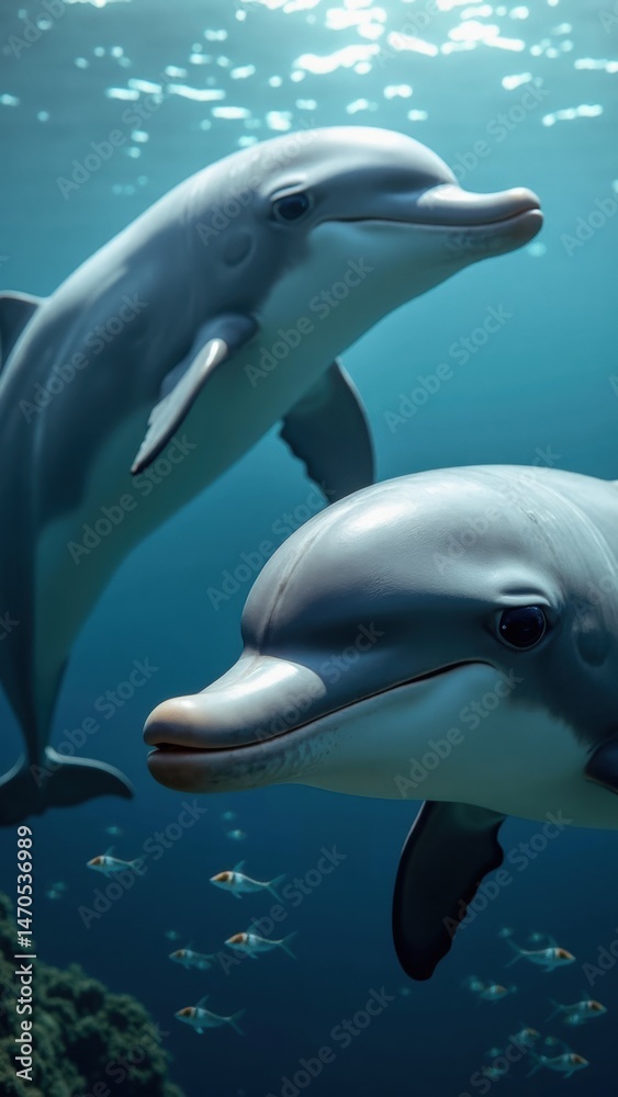 Two dolphins are swimming together in freshwater, displaying friendly expressions while looking directly at the camera, showcasing their playful nature.