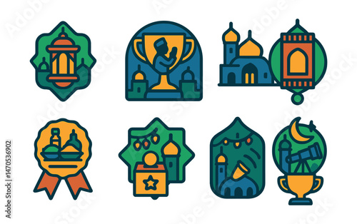 Flat vector icons of Islamic holidays in mosques: Ramadan lantern badge, Eid morning prayer trophy, Taraweeh prayer rug medal, Iftar meal table ribbon, Eid takbir recitation icon, mosque decoration