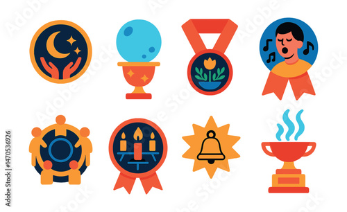 Flat vector icons of spiritual rituals: new moon intention circle badge, full moon release ceremony trophy, seasonal solstice altar medal, sacred chant session ribbon, circle of protection icon,