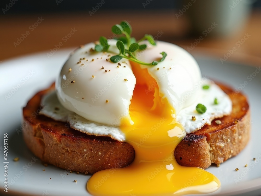 A delicious poached egg rests on toasted bread, with a flowing yolk and fresh herbs, creating a visually appealing and nutritious breakfast.
