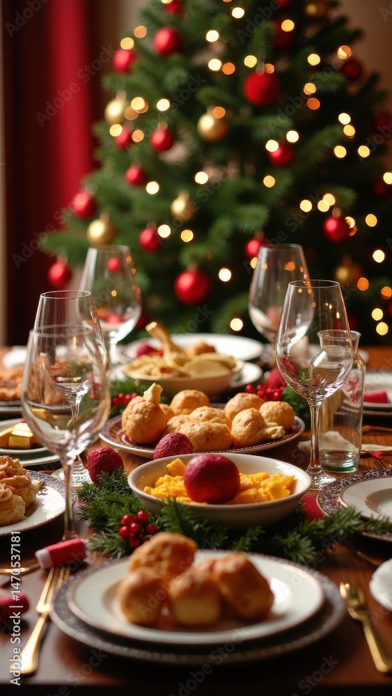 A vibrant Christmas dinner table adorned with an array of festive dishes and snacks, creating a warm atmosphere under twinkling lights from the tree in the background.