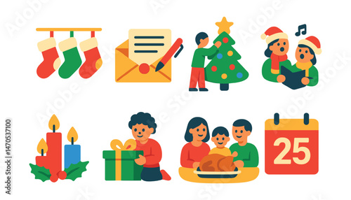 Flat vector icons of Christmas traditions: hanging stockings, writing letters to Santa, decorating tree, caroling, lighting candles, opening presents, family dinner, Christmas countdown calendar.