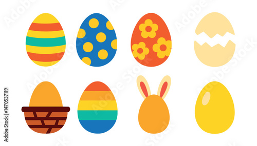 Flat vector icons of Easter eggs: painted egg with stripes, polka-dot egg, egg with flowers, cracked egg shell, egg in basket, rainbow egg, bunny-eared egg, golden egg.
