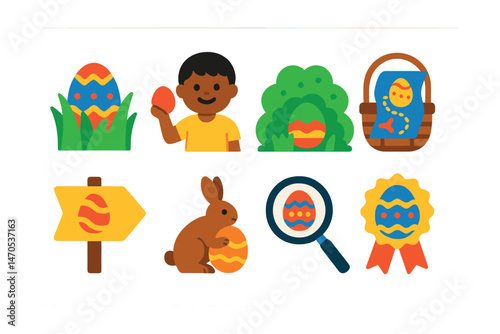 Flat vector icons of Easter egg hunt: egg hidden in grass, child holding egg, egg under bush, basket with map, signpost to hunt, bunny hiding egg, magnifying glass and egg, prize egg badge.
