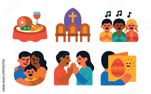 Flat vector icons of Easter gatherings: family brunch table, church service chairs, kids singing, blessing prayer moment, family hug, open door with welcome, shared meal plate, joyful greeting card.