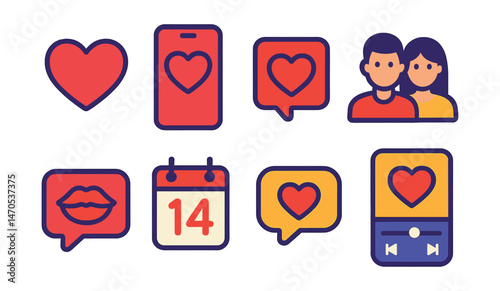 Flat vector icons of Valentine’s icons for digital use: heart emoji, love-themed phone wallpaper, like button heart, couple avatar, chat bubble with kiss, mobile calendar marked 14, notification with