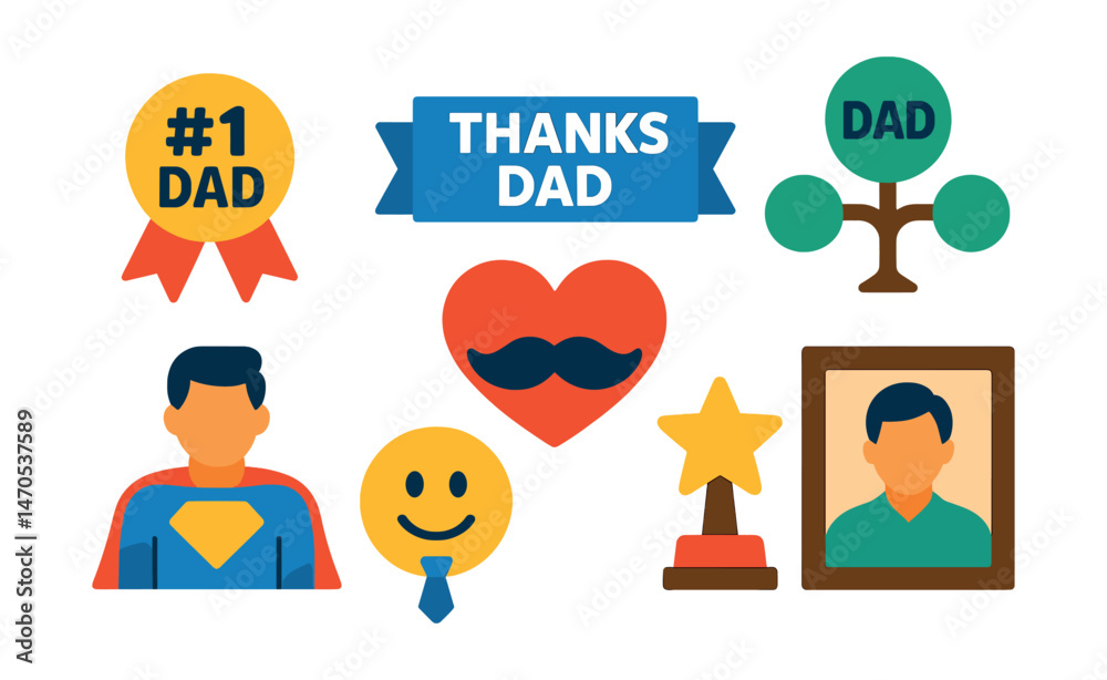 Flat vector icons of Father’s Day messages and symbols: “#1 Dad” badge, “Thanks Dad” banner, heart with mustache, family tree with dad’s name, Dad superhero icon, star trophy, smiling emoji with tie,