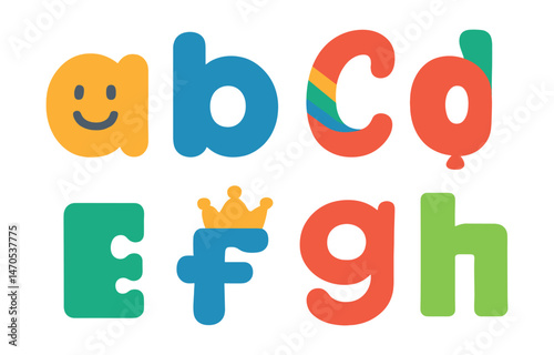 Flat vector icons of lowercase playful letters for children: playful a with smiley, b in bubble style, c with rainbow lines, d as balloon, e in puzzle piece, f with crown, g with tail swirl, h in