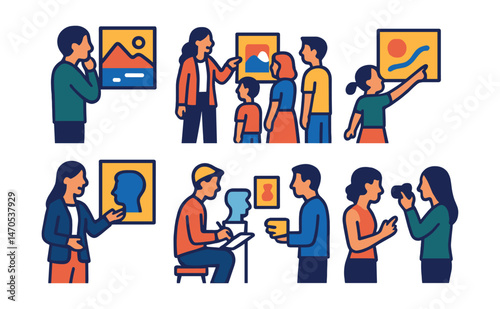 Flat vector icons of gallery visitors: person observing artwork, guided tour group, child pointing to painting, visitor with brochure, curator explaining piece, student sketching in gallery, couple