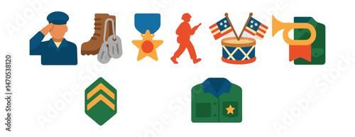 Flat vector icons of military tribute: soldier saluting, boots and dog tags, medal of honor, military rank patch, silhouette of marching, drum with flags, bugle horn, folded uniform.