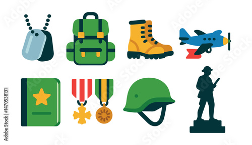 Flat vector icons of military gear and history: dog tags, field backpack, combat boots, old war helmet, airplane with banner, military journal, historical medal set, soldier silhouette statue.