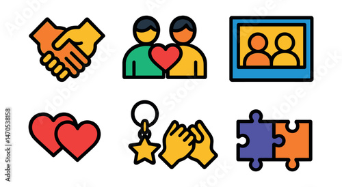 Flat vector icons of friendship symbols: two hands holding, heart between friends, infinity friendship bracelet, shared photo frame, intertwined hearts, matching charms, pinky promise, connected