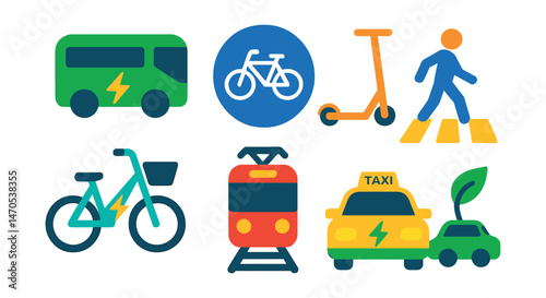 Flat vector icons of sustainable city transport: electric bus, bicycle lane symbol, shared scooter, pedestrian crosswalk, e-bike with basket, tram on rails, electric taxi, low-emission car.
