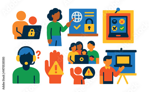 Flat vector icons of adult support and education: parent and child with screen, teacher pointing to safe internet chart, classroom digital rules poster, family online safety meeting, help desk symbol