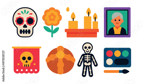 Flat vector icons of Day of the Dead (Día de los Muertos): sugar skull, marigold flower, altar with candles, photo frame of ancestors, papel picado banner, pan de muerto bread, skeleton costume, face