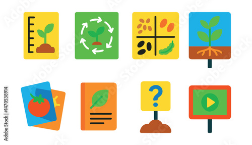 Flat vector icons of educational garden tools: growth chart, plant lifecycle poster, seed sorting activity, plant part diagram, garden-themed flashcards, student logbook, question marker in soil,