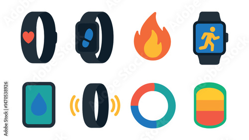 Flat vector icons of fitness trackers: wristband with heart icon, steps counter screen, calorie burn symbol, smartwatch with running figure, hydration reminder display, vibration alert band, daily