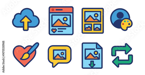 Flat vector icons of online art sharing: cloud upload symbol, social media post with art, portfolio gallery preview, artist profile icon, like button with brush, comment on artwork bubble, download
