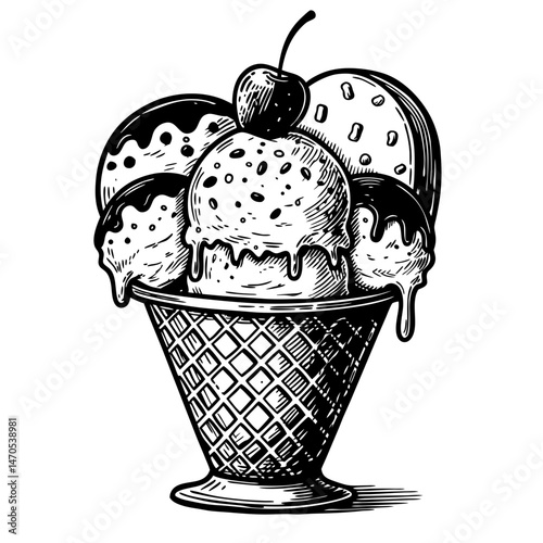 Vintage ice cream cone with various flavors and toppings  