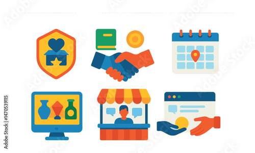 Flat vector icons of community collecting: collector club badge, item swap handshake, online group chat, meetup calendar, “show and tell” display, collector fair booth, forum post screen, trade