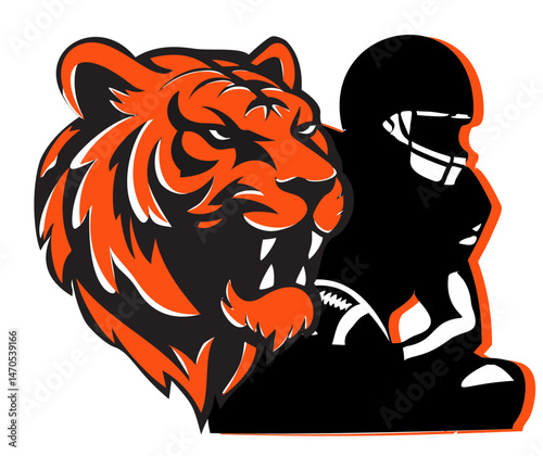 Silhouette of a football player holding a ball alongside a fierce tiger face. Bold vector design in black and orange, perfect for aggressive sports themes and strong graphic