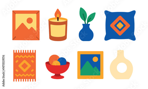 Flat vector icons of decorative items: wall art frame, scented candle, indoor plant vase, decorative pillow, rug with pattern, table centerpiece, photo frame, ceramic sculpture.