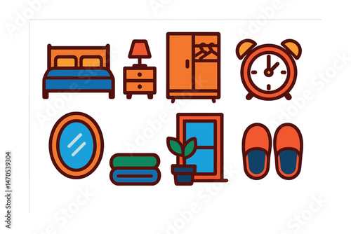 Flat vector icons of bedroom essentials: bed with pillows, nightstand with lamp, closet with hangers, alarm clock, mirror on wall, blanket folded, indoor plant by window, slippers near bed.
