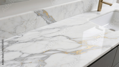 Elegant bathroom vanity featuring white marble countertop and golden accents for luxury design