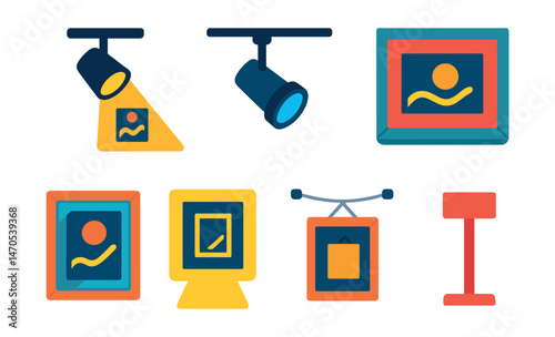 Flat vector icons of gallery lighting and framing: spotlight beam on art, adjustable track light, frame with matte border, modern floating frame, glass-protected artwork, backlit wall mount, hanging