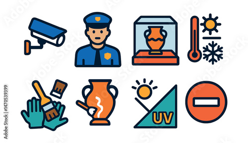 Flat vector icons of security and conservation: security camera on wall, museum guard with badge, protective display case, climate control icon, conservation brush and gloves, artifact under
