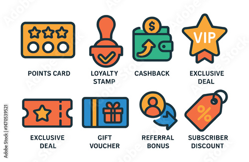 Flat vector icons of loyalty and rewards: points card, loyalty stamp icon, cashback wallet, VIP badge, exclusive deal ticket, gift voucher, referral bonus icon, subscriber discount tag.