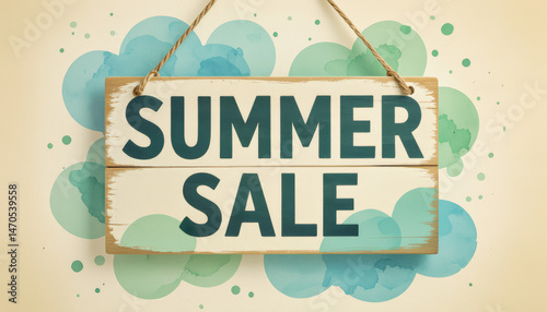A rustic wooden sign hanging from a rope announces a Summer Sale against a watercolor-style background with soft blue and beige hues.