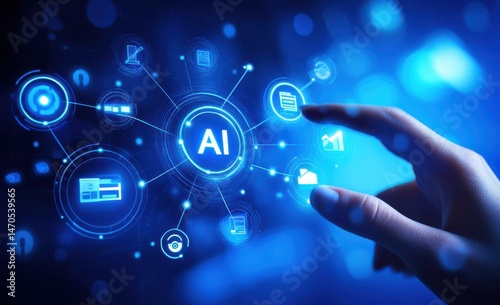 Hand interacting with an AI concept map, highlighting interconnected data and applications