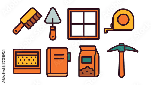 Flat vector icons of excavation tools: hand brush, small trowel, excavation grid frame, measuring tape, sieve tray, field notebook, soil sample bag, archaeology pickaxe.