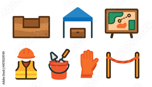 Flat vector icons of dig site setup: digging trench, labeled excavation unit, shade tent, site map board, safety helmet and vest, tool bucket, protective gloves, rope boundary marker.