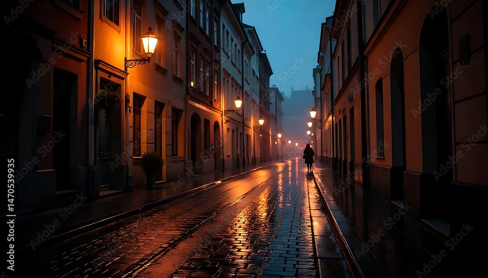 Fototapeta premium Rain-soaked cobblestone street illuminated by warm streetlights in a tranquil urban park at night, Evening rain on a cobblestone street illuminated by warm streetlights, created with generative ai